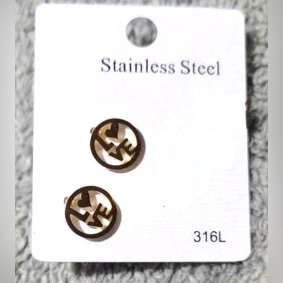 “LOVE” Letters Heart Gold Stainless Steel Cut-Out Circle Romance Mini Tiny Studs - Picture 7 of 8